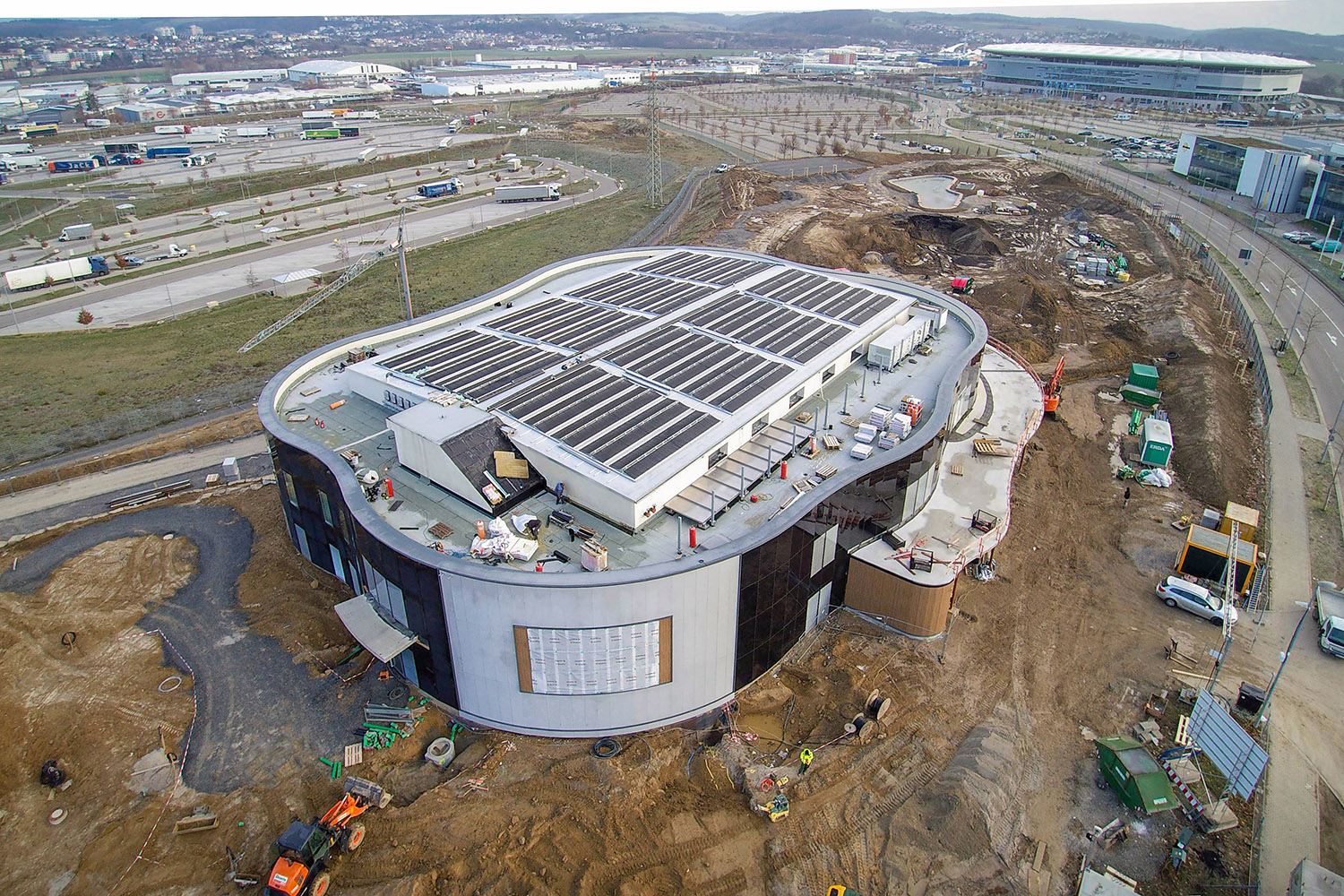 Luftbild der Klima Arena im Bau